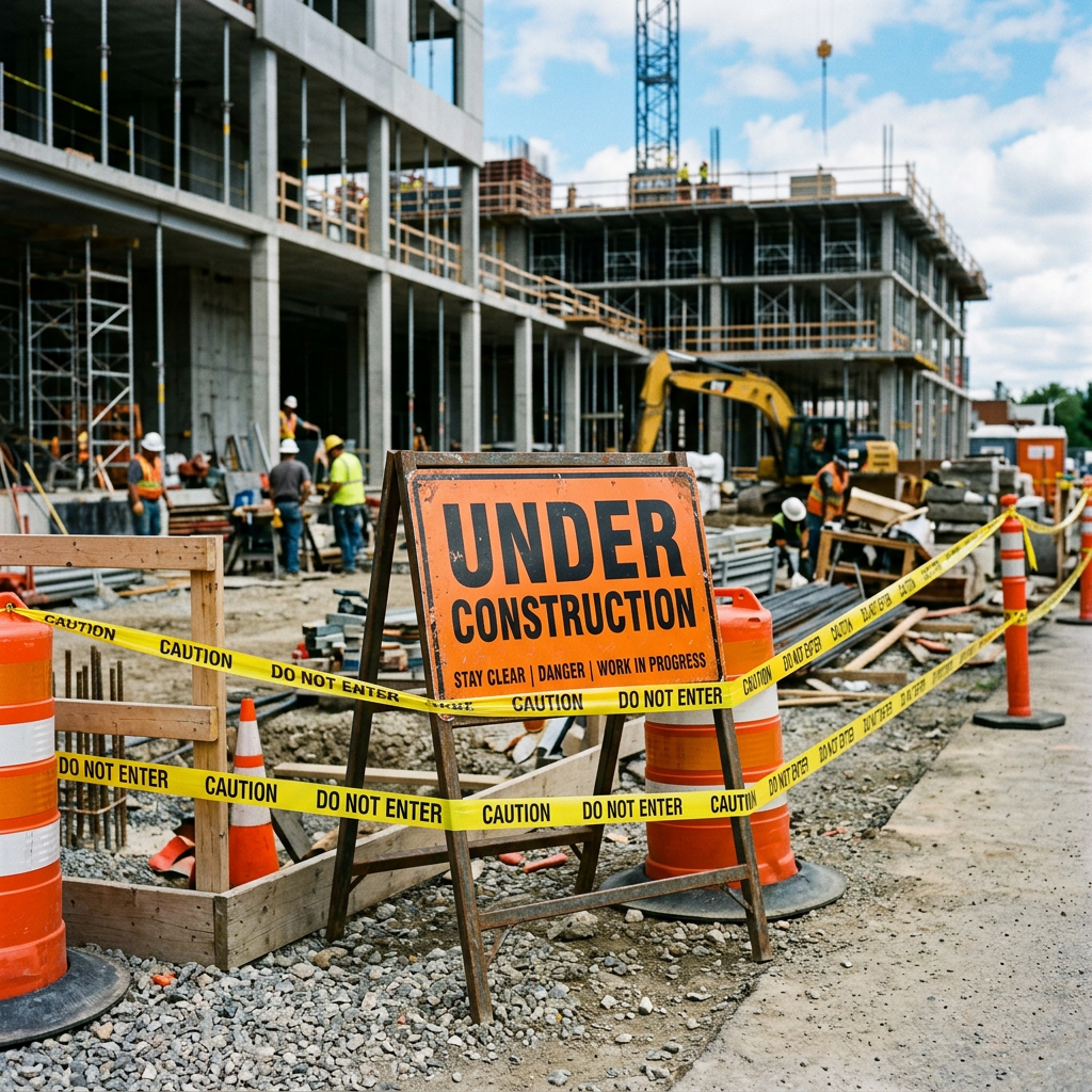Under construction sign with caution tape at busy building site with workers and equipment